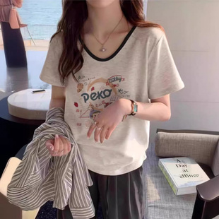 T恤女正肩纯棉宽松显瘦遮肚休闲百搭小个子V领上衣 米灰色撞色短袖