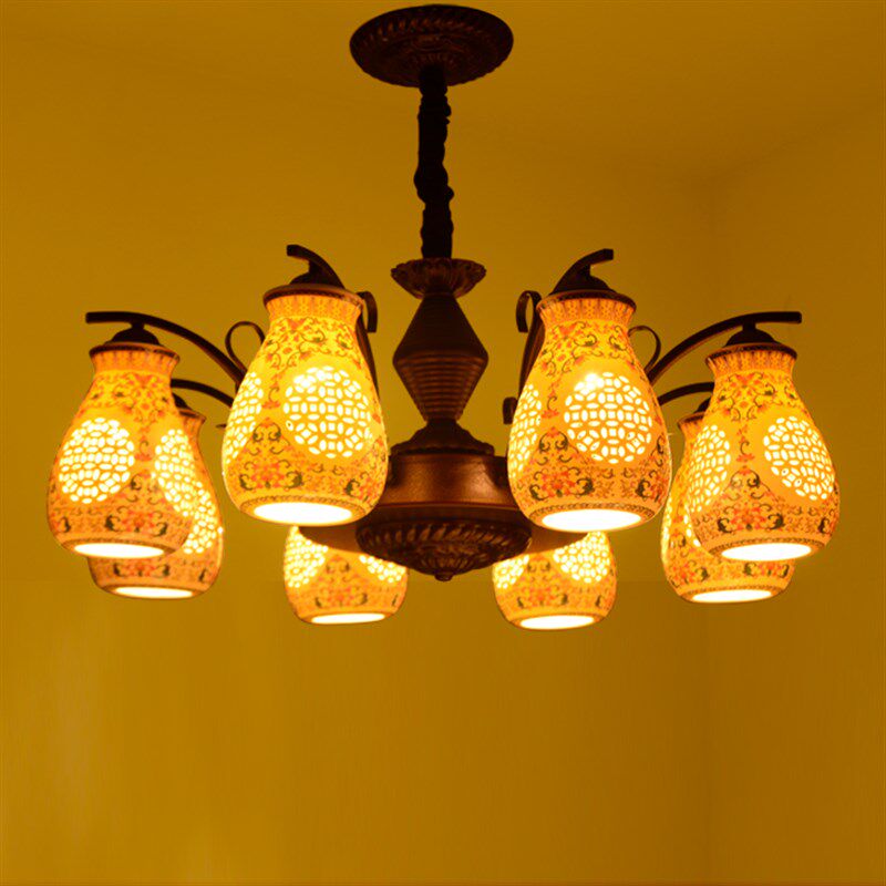 仿古陶瓷吊灯东南亚风格客厅卧室书房吊灯头吸吊两用
