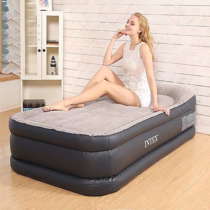 INTEX64132单人双层充气床加高户外便携植绒充气床垫内置电泵