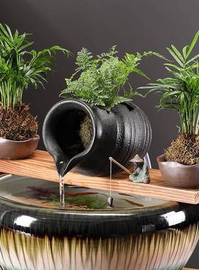 古法养鱼陶瓷罐流水器循环过滤增氧生态缸阳台造景鱼缸装饰摆件