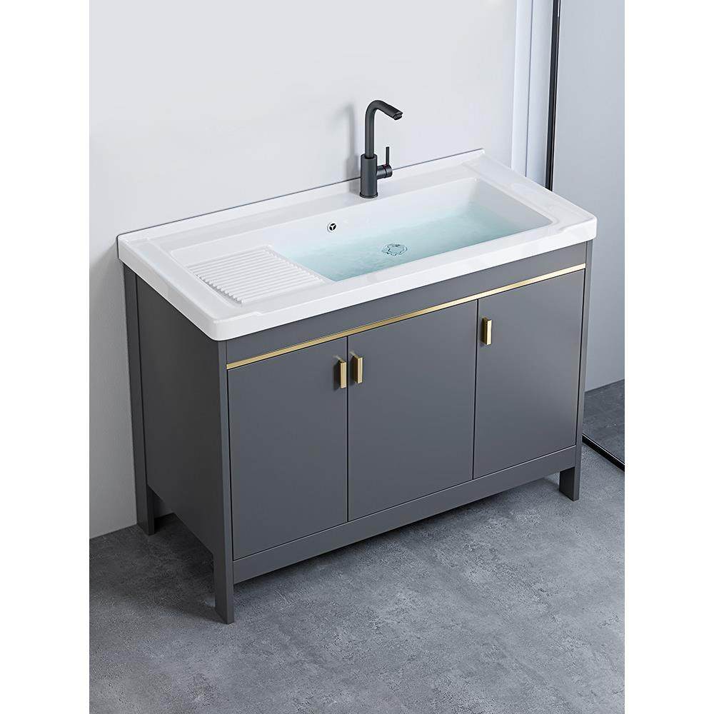 90/1米太空铝落地式洗衣柜陶瓷一体浴室柜组合阳台柜水槽带搓衣板