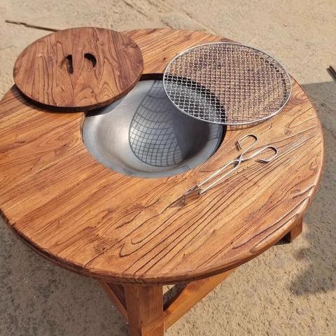 老榆木围炉茶桌实木小圆桌覆古原木阳台煮茶桌户外围炉烧烤火锅桌