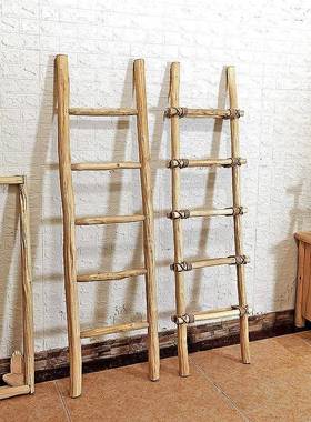 创意仿古麻绳天然实木梯子装饰品摆件原木风格民宿梯形书架衣帽架