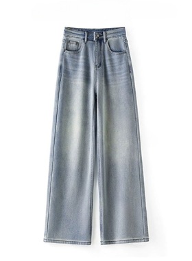 加绒刺绣阔腿牛仔裤女2025年冬季新款复古宽松高腰显瘦休闲裤