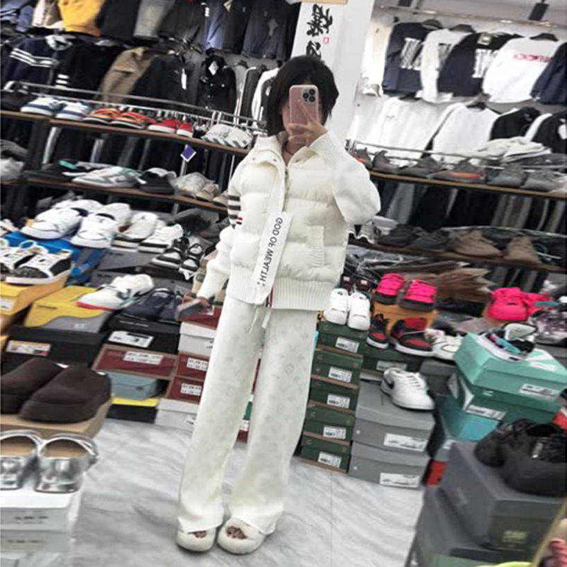 快手网红同款冬季拼接针织棉服立领外套+休闲宽松字母阔腿裤套装