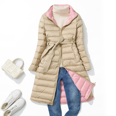 2025年秋冬新款轻薄款羽绒服女长款立领过膝收腰修身撞色无缝