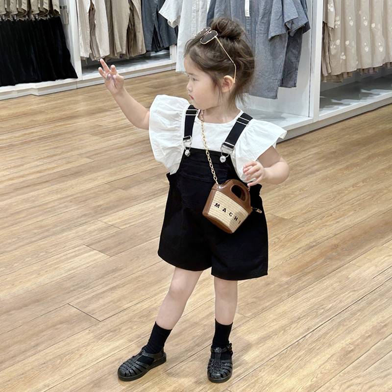 夏季新款童装女童甜美黑色背带裤黑白格子背心裙洋气小飞袖背心潮