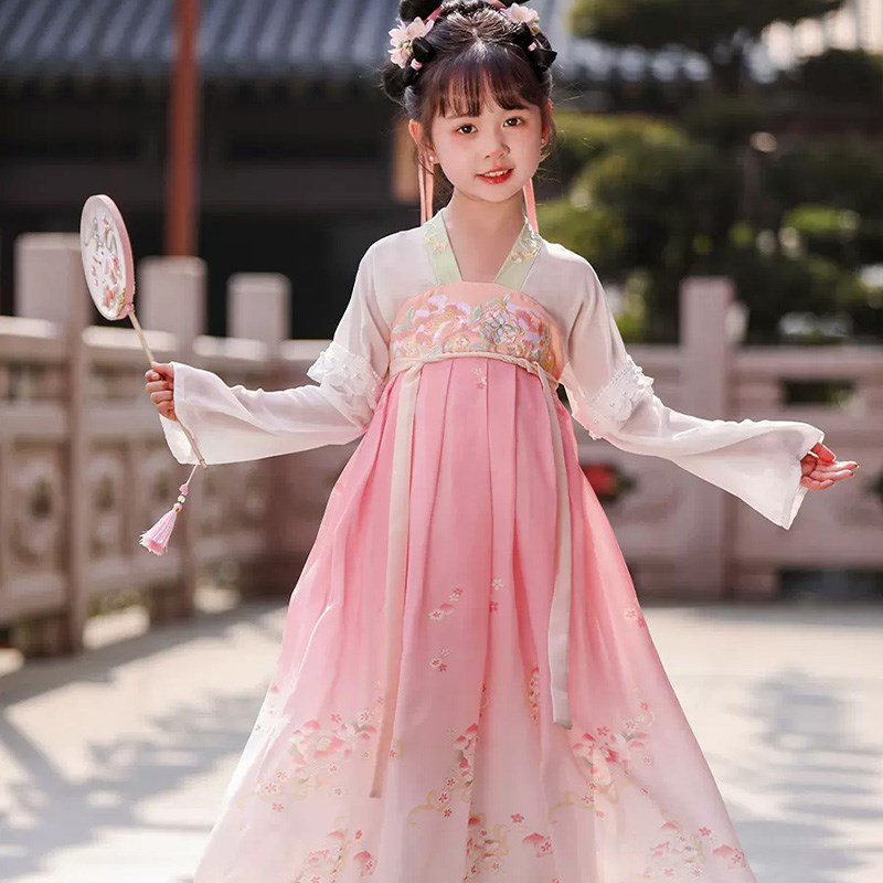 儿童演出服古典舞蹈汉服上春山胭脂妆桃花笑入莲间满庭芳浣溪纱