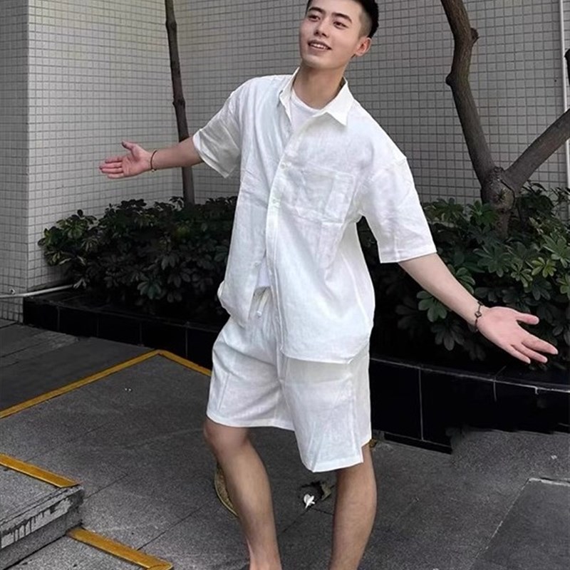 老钱风格亚麻透气短袖衬衫男士夏衬衫