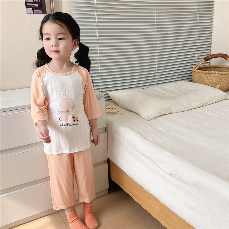 儿童夏季裸感家居服男童七分袖套装女童凉快柔软空调服宝宝睡衣