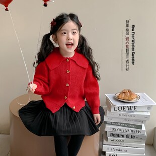 女童秋冬套装2025新款儿童红色毛衣新年衣服洋气宝宝百褶裙两件套