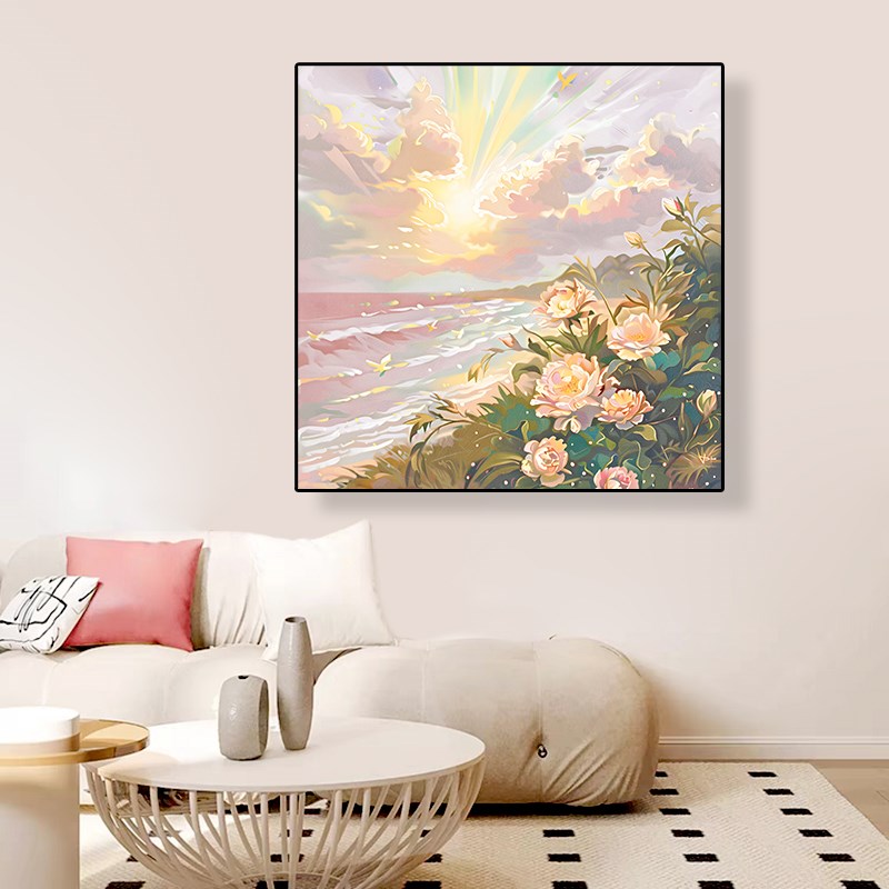 高级感北欧治愈系餐厅装饰画暖阳花海风景客厅墙壁画民宿酒店挂画图片