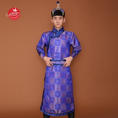 新品蒙古袍男缎面长款蒙古族服装少数民族服装演出舞蹈日常生活服