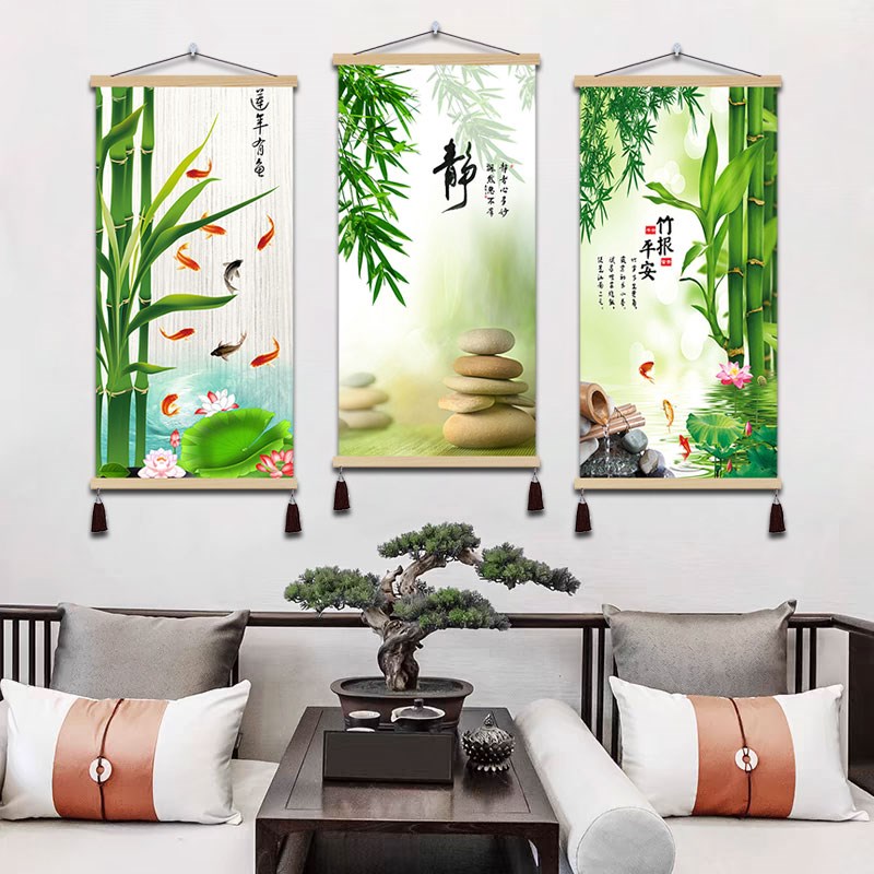 竹报平安装饰画新中式客厅玄关入户门竹子荷花九鱼挂画电表箱遮挡图片