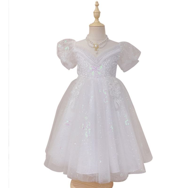 钢琴演奏礼服女童演出服儿童表演服装比赛女孩公主蓬蓬裙白色礼服