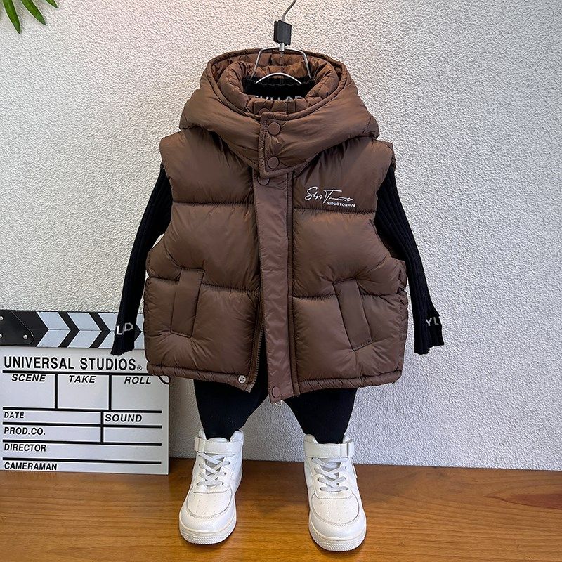 男女童羽绒棉马甲秋冬2024新款洋气男孩冬季保暖连帽加厚红色背心