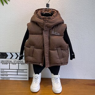 男女童羽绒棉马甲秋冬2024新款洋气男孩冬季保暖连帽加厚红色背心