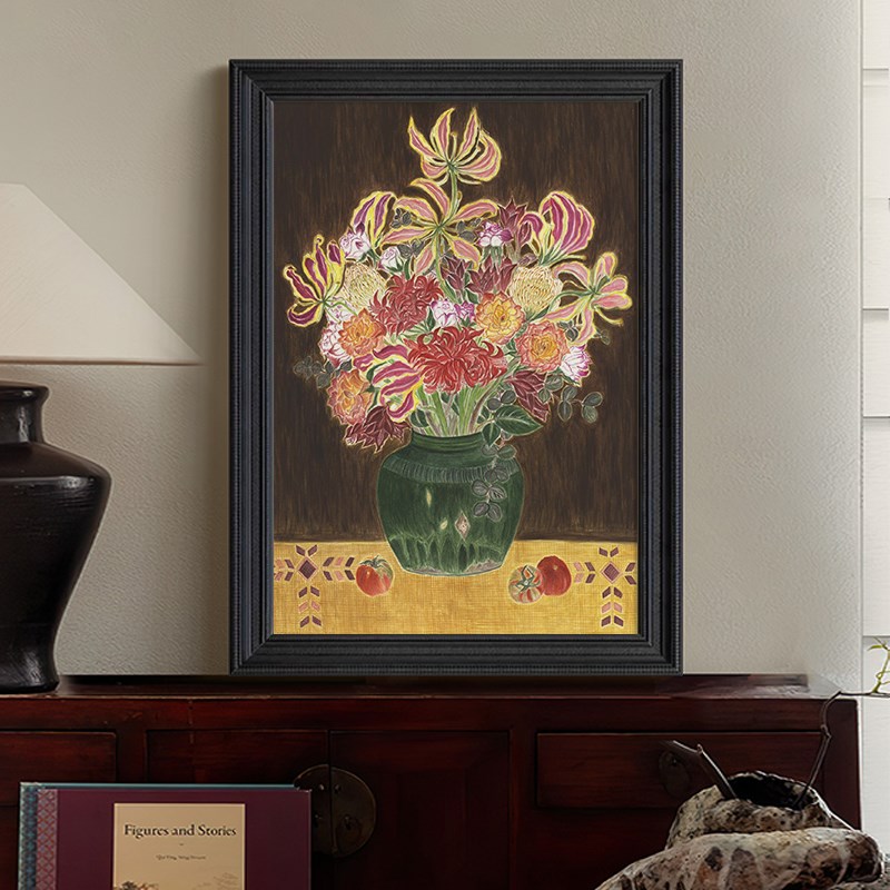 酒店餐厅高级感中古风彩色花卉花瓶装饰品挂画客厅玄关纯手绘油画图片