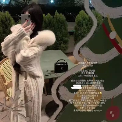 轻奢高级感可拆卸毛领连帽针织开衫女秋冬中长款加厚毛衣外套百搭