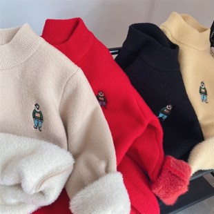 儿童一体绒毛衣秋冬款男童打底衫加绒加厚女孩针织衫2023中童新品