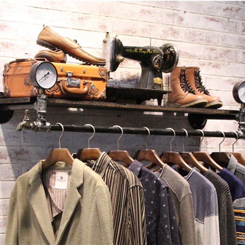 复古实木铁艺水管服装展示架服装店壁挂上墙挂衣架童装货架鞋包架