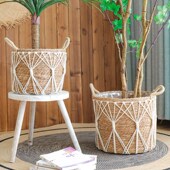 北欧藤编花盆手工编织网结艺术草编花篮盆栽绿植客厅装 饰摆件收纳