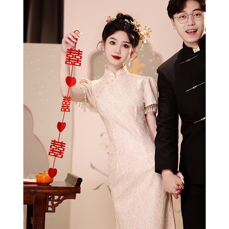 蕾丝订婚礼服女2025新款旗袍敬酒服新娘小个子米白色轻奢小众高端