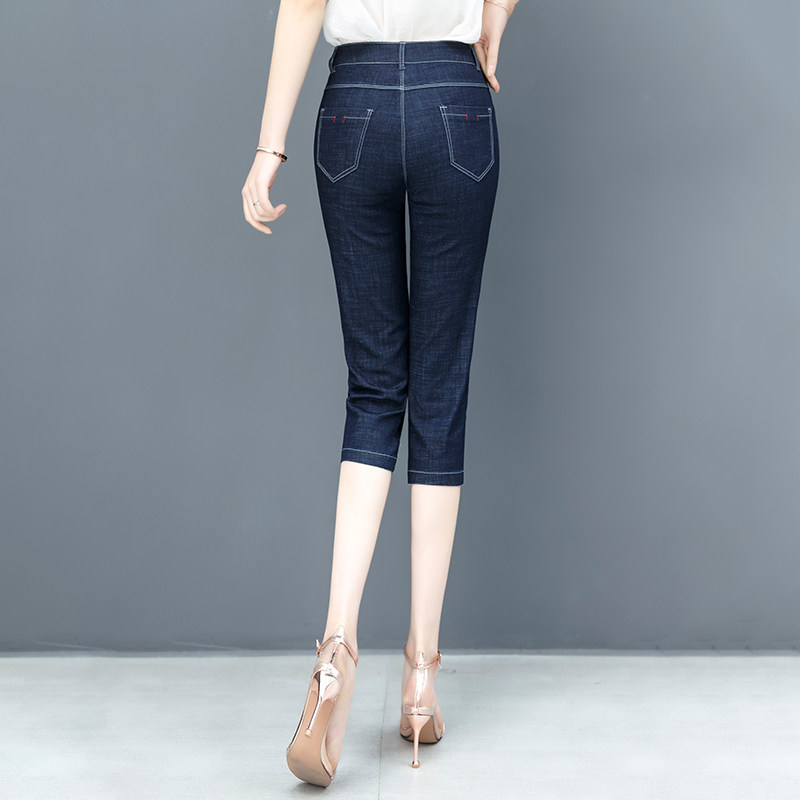 夏季新款中老年牛仔裤女七分裤薄款高腰修身显瘦弹力大码妈妈短裤