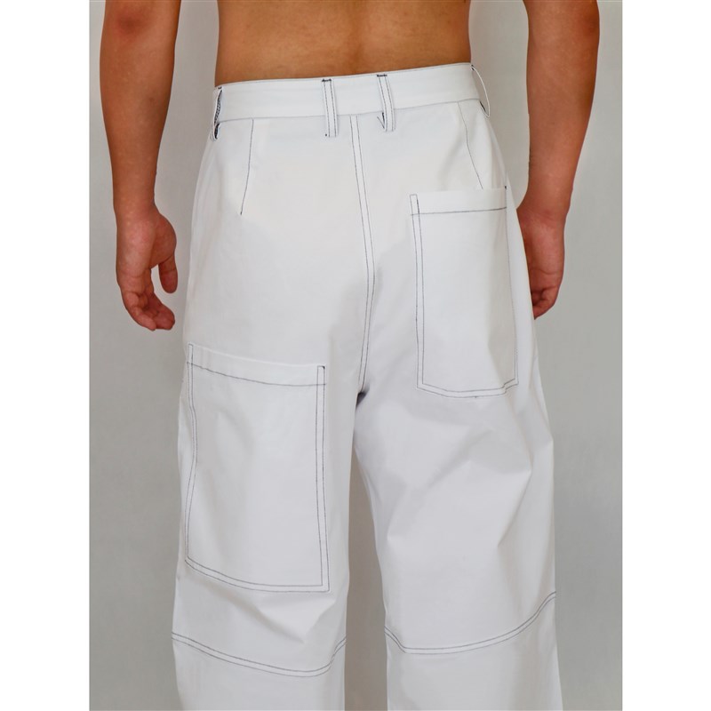 YOWSAH 中性挺阔不对称大口袋明线简约直筒宽松休闲长裤 白色