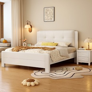 实木床白色软靠现代奶油风榫卯1.8米1.5米双人床1.2米1.35m单人床