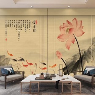 饰隔断帘 荷花竹帘窗帘画卷帘窗帘客厅茶室禅意定制遮光遮阳背景装