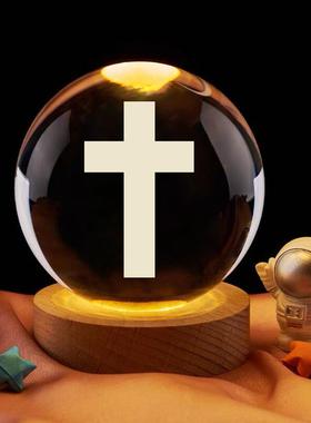 十字架水晶球摆件 创意欧式卧室小夜灯玄关酒柜电视柜装饰品 摆饰