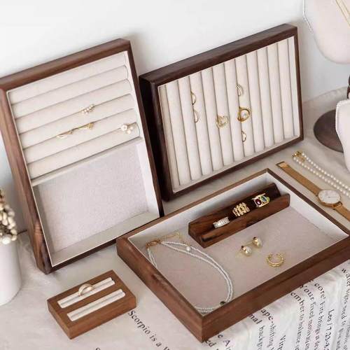 首饰托 托盘展示盘黑胡桃木亚麻托 托盘饰品耳环戒指收纳陈列珠宝