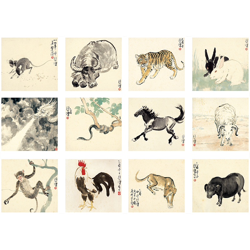 徐悲鸿 十二生肖图 国画  动物临摹客厅挂画 原作高清微喷字画