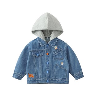 齐齐熊男童牛仔外套宝宝春秋新款连帽上衣儿童外套衣服可拆卸帽子