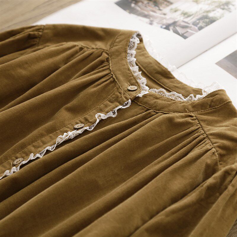 法式甜美花边立领纯棉灯芯绒娃娃衫女秋冬新款宽松长袖衬衫打底衫