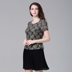 贝特如新款优雅中年女中长款裙子妈妈夏装短袖假两件连衣裙YF