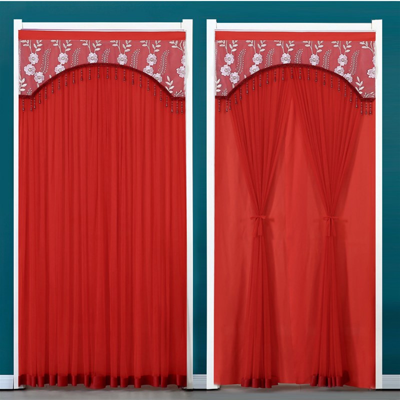 骋益红色门帘免打孔喜庆结婚大红纱帘挂帘卧室防蚊门帘隔断帘新款
