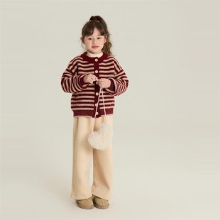 依依妈中大女童洋气红条纹针织开衫冬装款儿童简约加厚毛衣外套潮