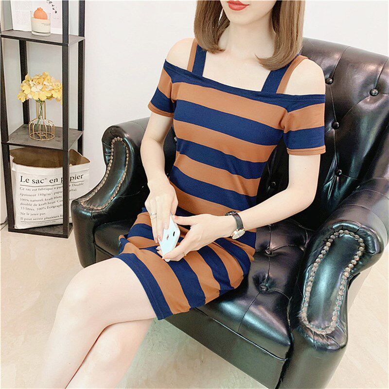 女装夏季新款短袖露肩条纹连衣裙一字领双肩修身显瘦中长款包臀裙,女装/女士精品,连衣裙,淘宝优惠券,粉丝福利购,淘宝优惠卷