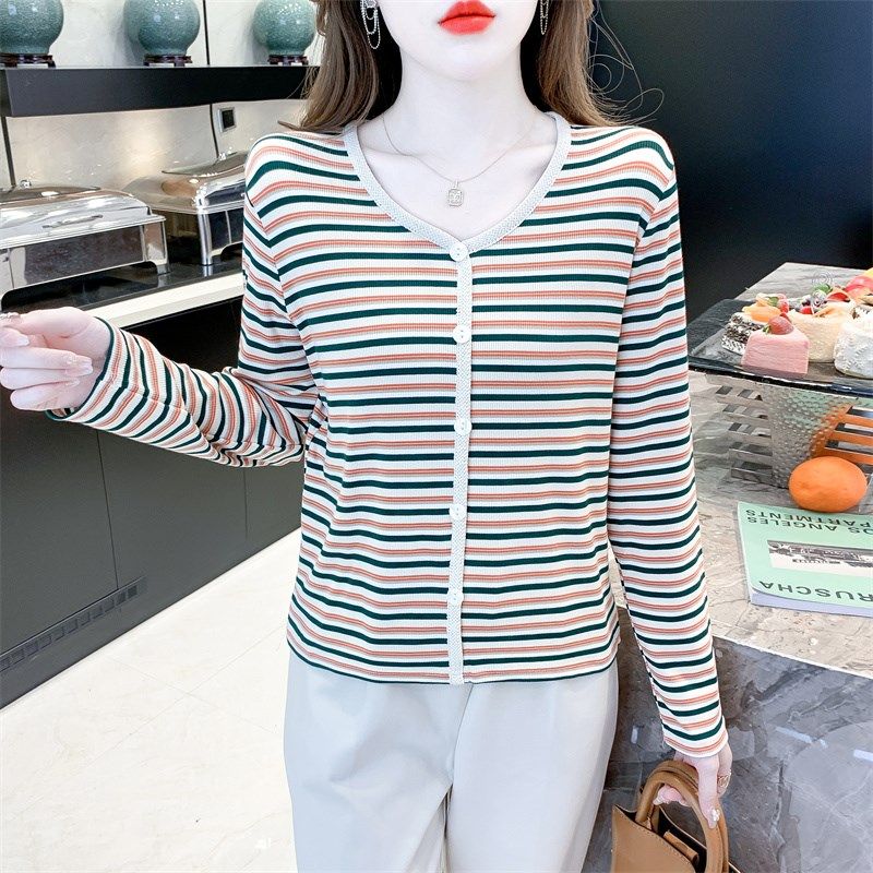 纯棉V领条纹打底衫女春秋新款内搭修身显瘦百搭长袖t恤女上衣外穿