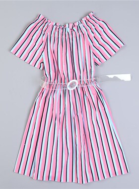 甜美全棉粉色条纹一字肩领连衣裙723L79619配腰带少女感A字中裙夏
