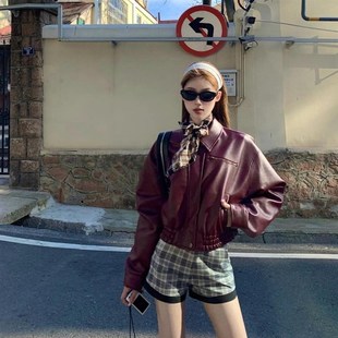 曼尼时差 红色复古皮衣机车夹克春秋女美式翻领短外套