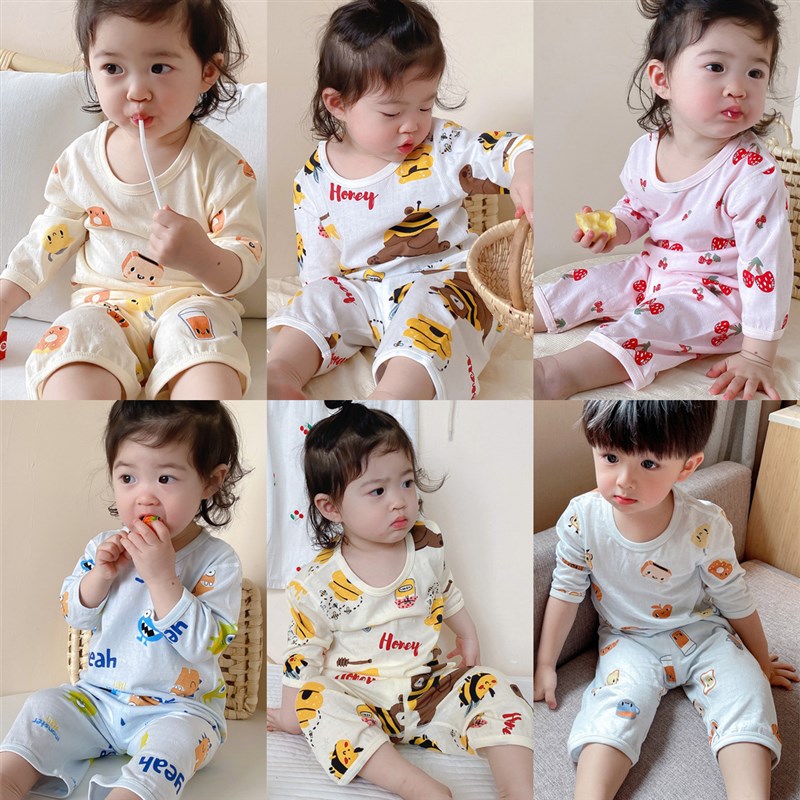 儿童睡衣夏季宝宝纯棉薄款短袖家居服套装男童女孩卡通7分空调服