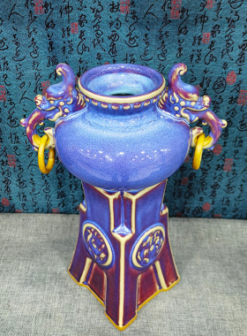 禹州钧瓷花瓶摆件家居办公室装饰工艺礼品摆饰《金玉满堂》中式陶