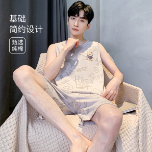 男士睡衣男款夏季纯棉2025新款背心无袖夏款风度居家居服套装夏天