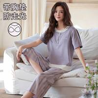 Chu Zini, a pure cotton pajama with a chest cushion for women, summer short-sleeved capri pants, loose and sweet, suitable for wearing as an outer home wear set thumbnail 2