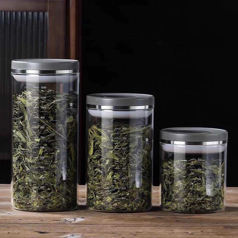 密封罐一键按压食品级日式玻璃真空茶叶干货咖啡豆粉防潮罐
