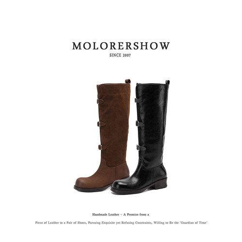 MOLORERSHOW【经典骑士】复古三扣骑士美拉德大圆头不过膝长靴