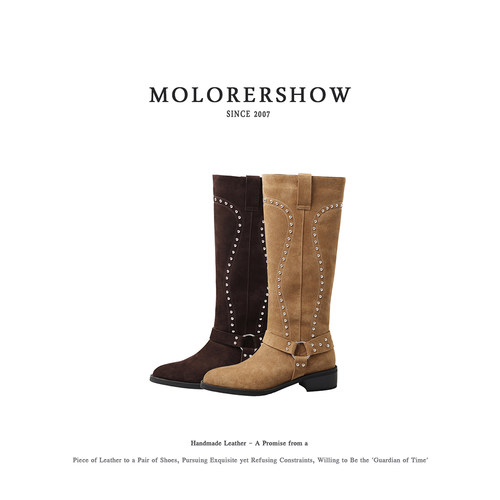MOLORERSHOW【机车风】秋冬尖头粗跟显瘦百搭小众西部牛仔高筒长